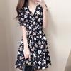 Fashion Women Sexy Knee Length Short Sleeve Printing V-Neck Summer Dress