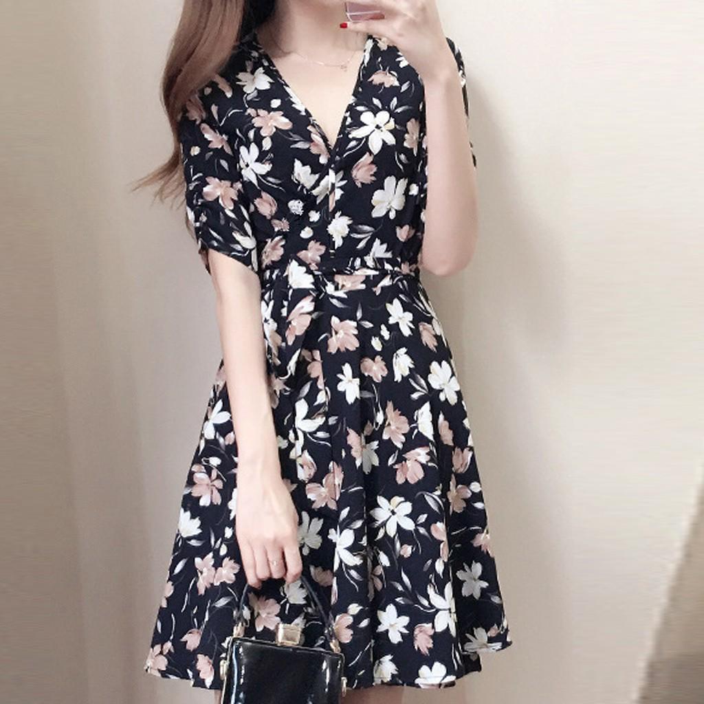 Fashion Women Sexy Knee Length Short Sleeve Printing V-Neck Summer Dress