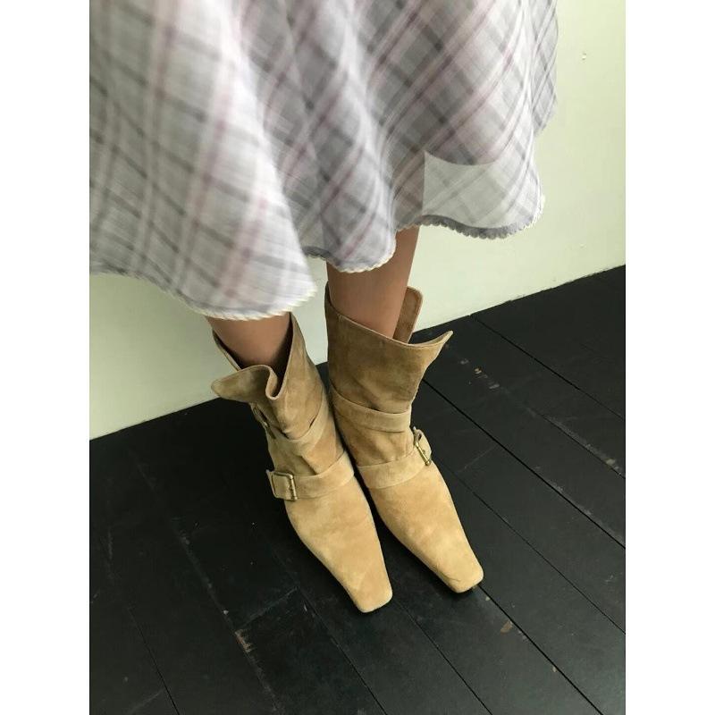 Cowhide Version Boots Women's New Retro Square Head Suede Short Boots Women's Thick Heel Wide Tube Boots Foldable Brown Western Boots
