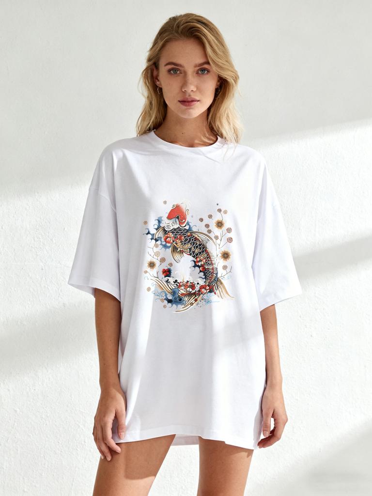 Black Oversized T Shirt With Koi Fish And Flowers Print For Casual Wear