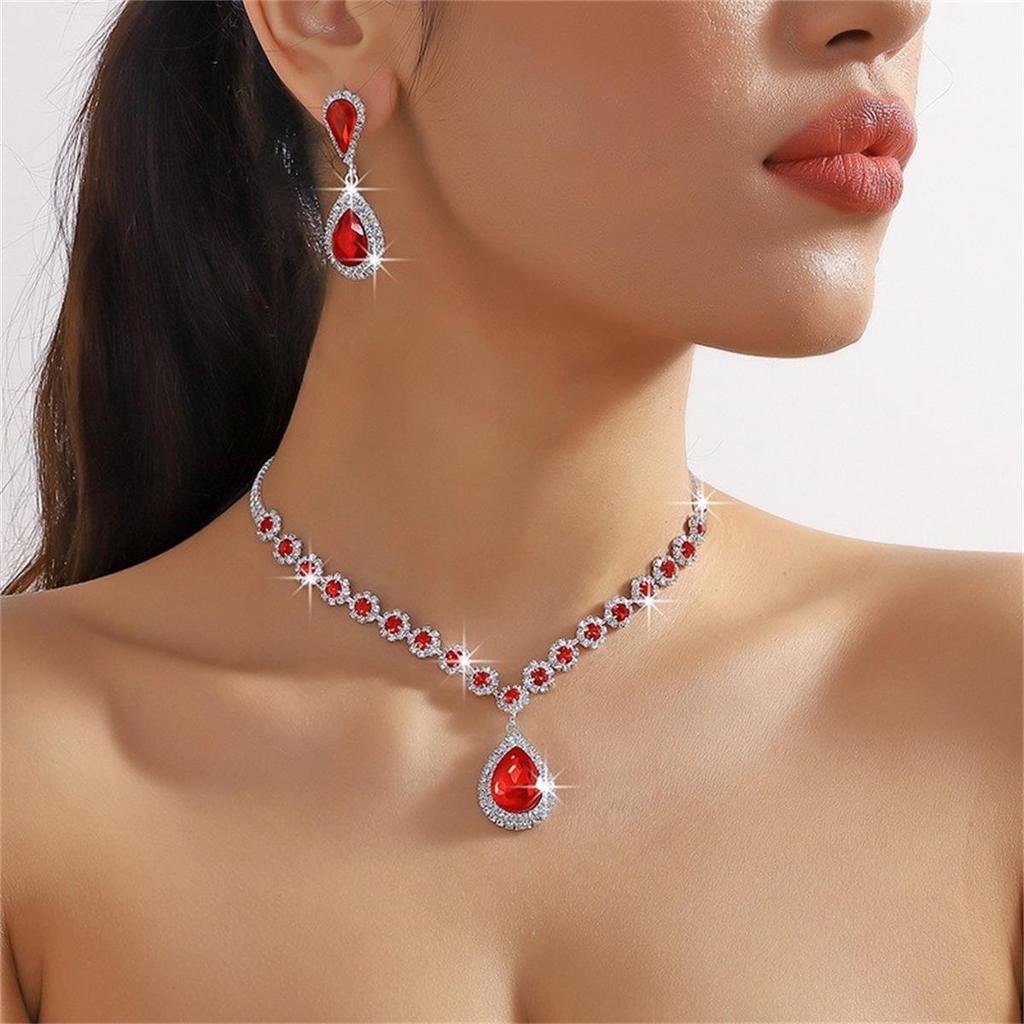 Colorful Crystal Water Drop Necklace & Earring Set for Women - Wedding & Party Jewelry (3 Pcs)