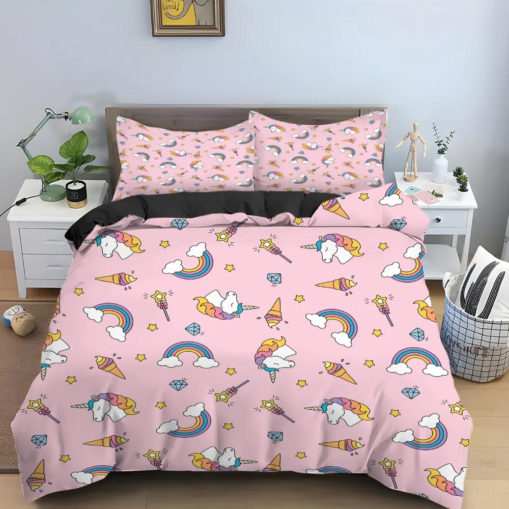 Kreskówkowy Jednorożec Różowy Król Królowa Poszewka na Kołdrę Dzieci Dziewczynki Uroczy Zwierzęcy Komplet Pościeli Tęczowa Poszewka na Kołdrę Poliestrowa Poszewka na Kołdrę
