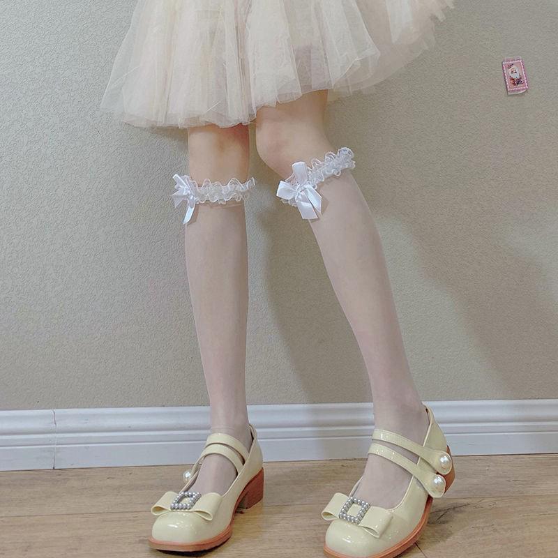 Women's Japanese Lolita Bow Lace Mid-Calf Socks - Black, Thin Summer Silks