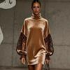 New Arrival Women's Elegant Stand Collar Velvet Lace Patchwork Long Sleeve Dress, Casual Fashion Party Dress for Women European American Style