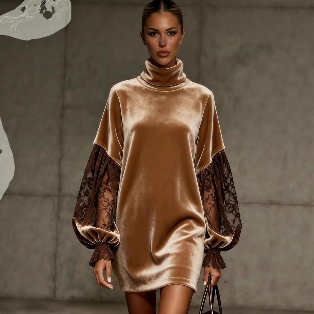 New Arrival Women's Elegant Stand Collar Velvet Lace Patchwork Long Sleeve Dress, Casual Fashion Party Dress for Women European American Style