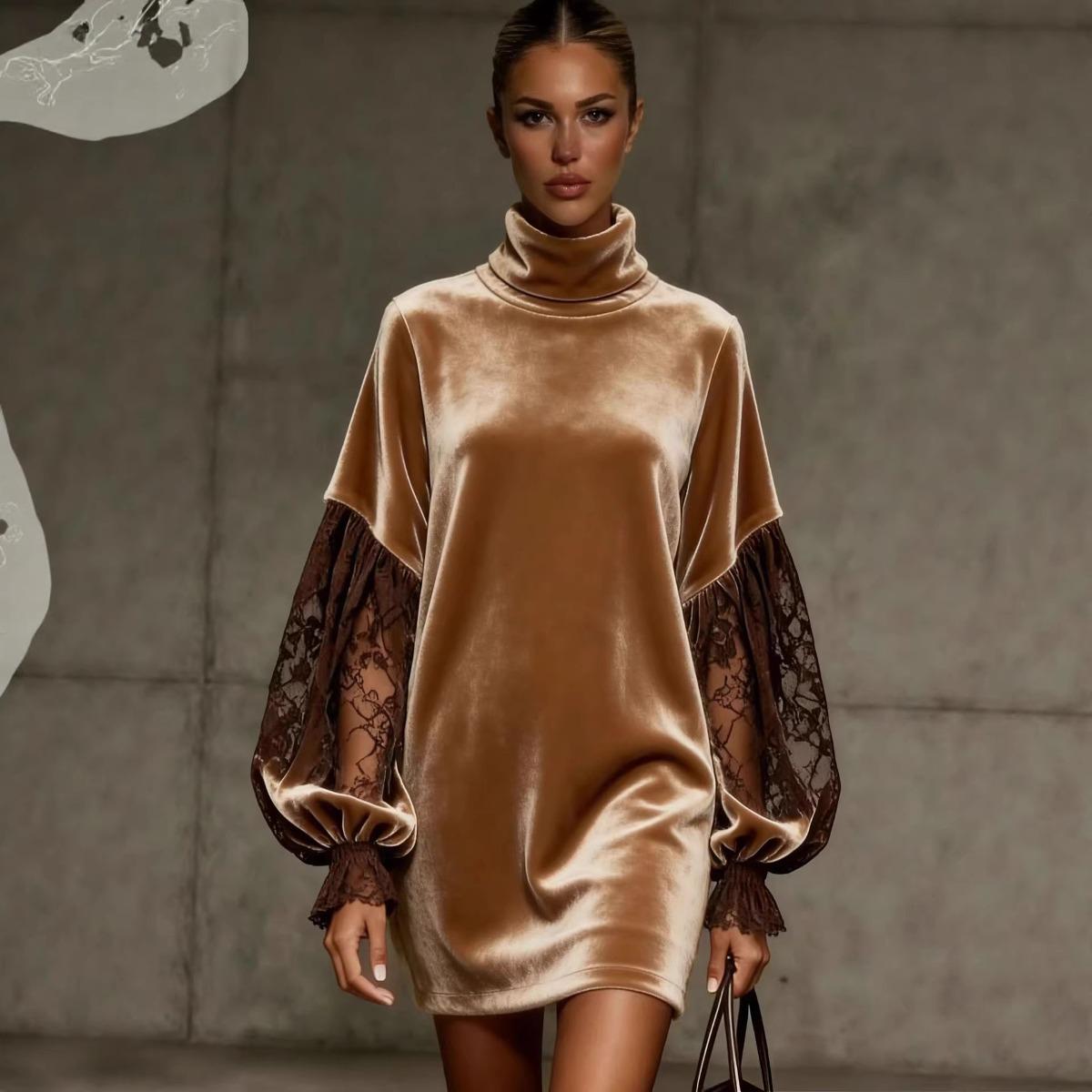 

Новое поступление Женское элегантное платье с воротником-стойкой, бархатное, с кружевной вставкой, с длинным рукавом, повседневное модное платье для вечеринки, женское, в европейском и американском стиле S темно-коричневого