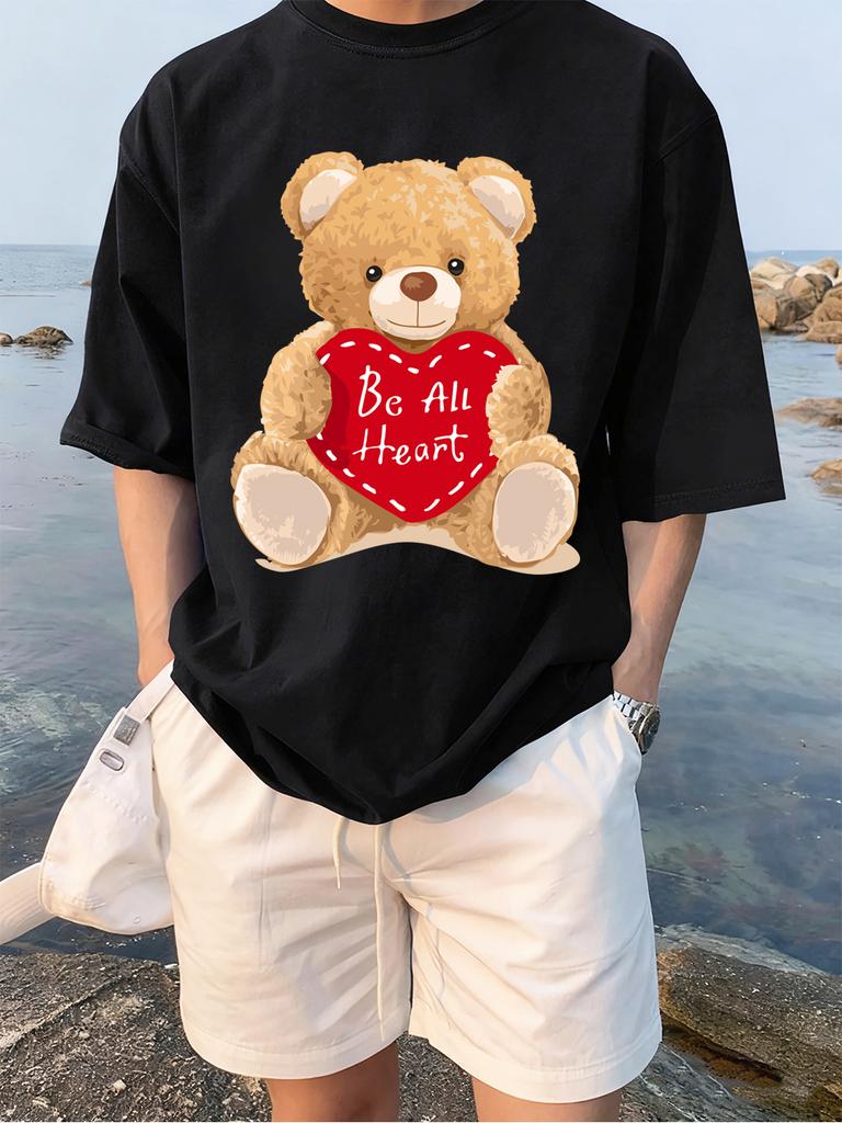 Cartoon Bear Gives You His Heart Prints TShirts Womens Summer Cotton Tops ONeck Soft Loose Short Sleeve Tees Casual Clothes