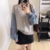 Autumn and Winter New Splicing Denim Sleeve Knitted Cardigan Design Sense Loose Casual Sweater Jacket Women