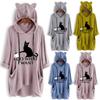 Women Casual Print Cat Ear Hooded Long Sleeves Pocket Irregular Top Blouse Shirt