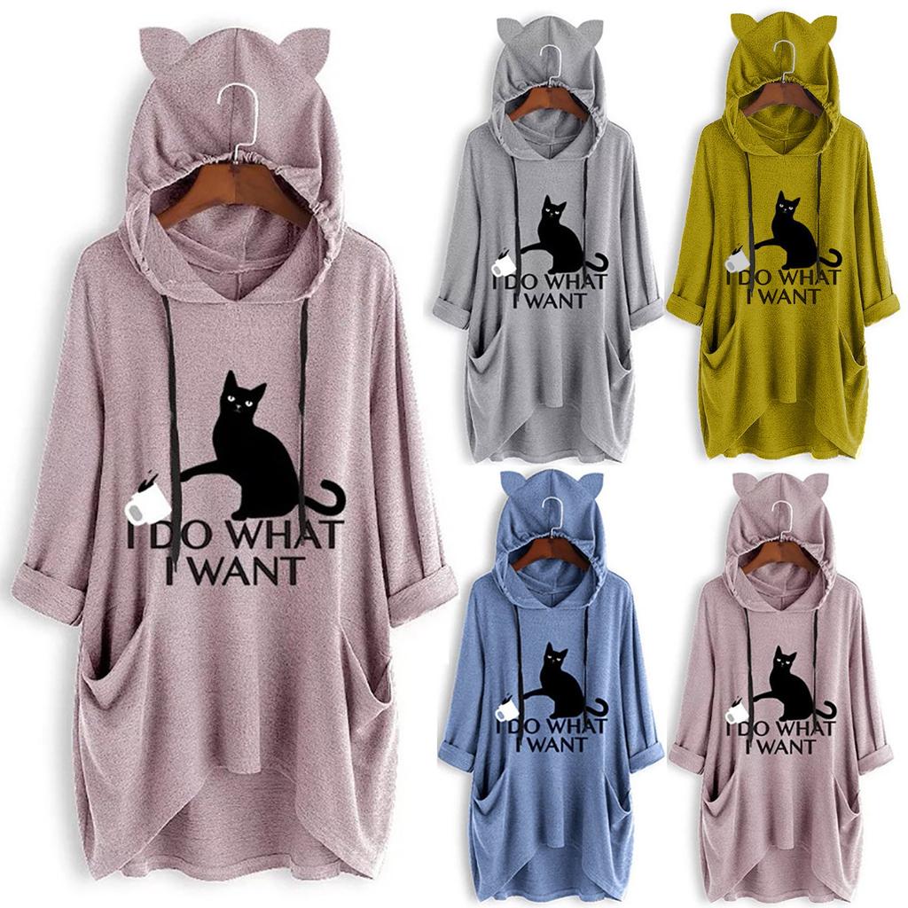Women Casual Print Cat Ear Hooded Long Sleeves Pocket Irregular Top Blouse Shirt