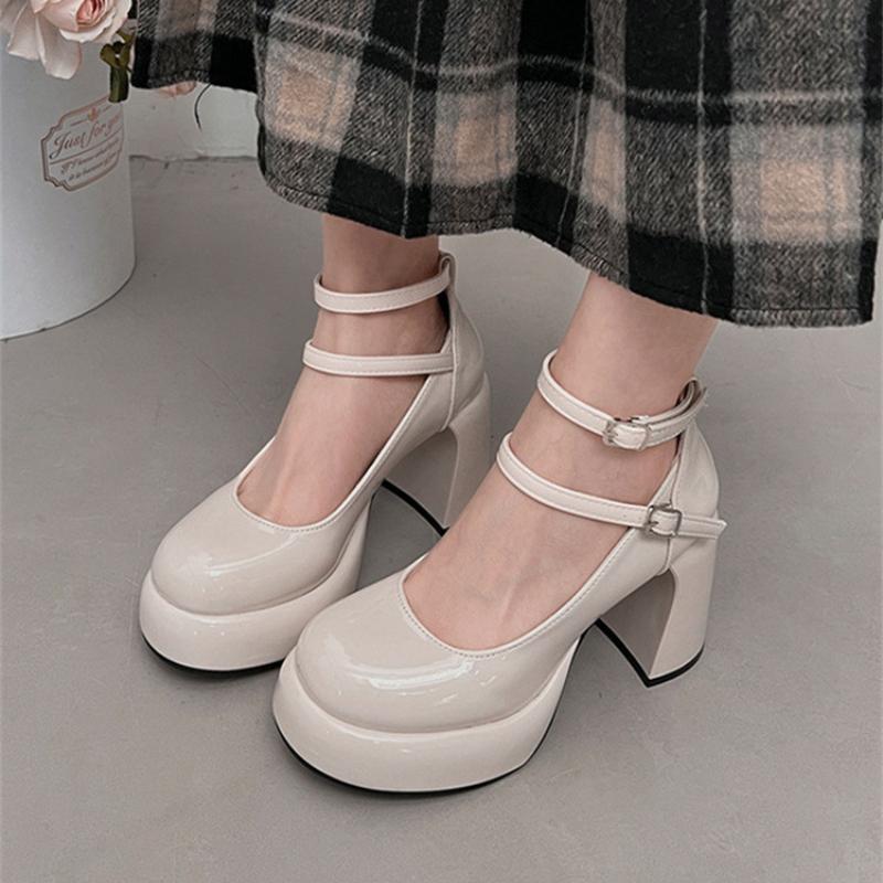 Trendy High Heels  Autumn New Mary Jane Solid Color Thick High Heels Double Button Design Comfortable High Heels Women's