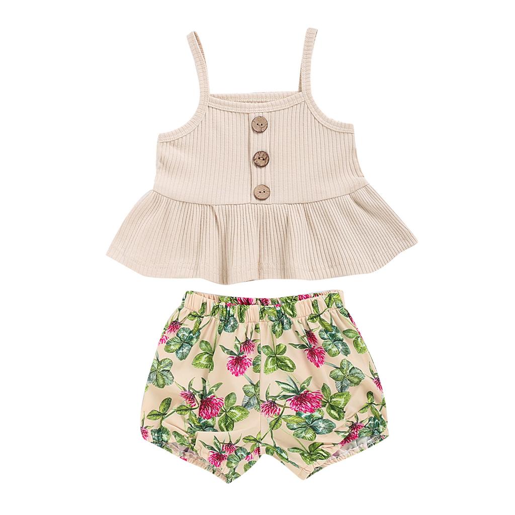 Toddler Baby Girls Ruffles Solid Suspender Tops Floral Printed Shorts Outfits