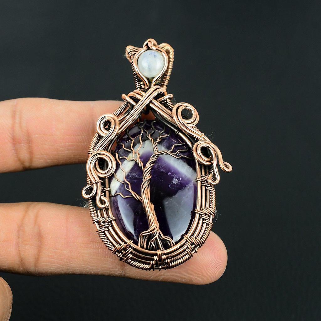 Handmade Tree of Life Copper Wire Wrapped Amethyst & Moonstone Pendant Necklace