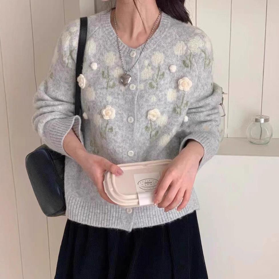 Korean style sweet three-dimensional floral knit cardigan for women, spring/autumn new versatile soft and cozy loose lazy style sweater jacket