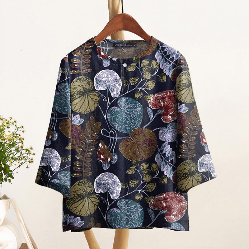 ZANZEA Women Casual Round Neck Loose 3/4 Sleeve Print Cotton Blouse