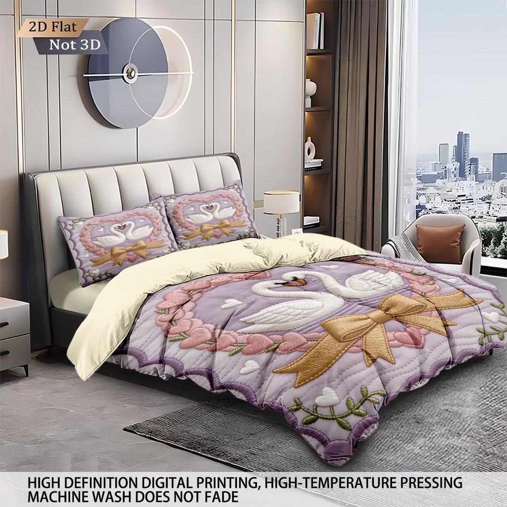 3pcs Valentine's Day Romantic Swan Love Print Coreless Down Duvet Cover Set Comfortable Bedroom Bedding Decoration
