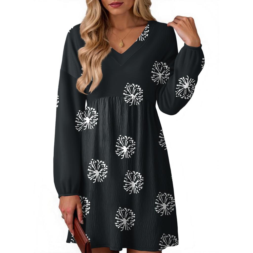 Women's Fashion Floral Print V-Neck Long Sleeve Dress