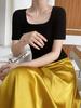 LUXI 2024 Summer Women's Short Sleeve Square Neck Slim Fit T-shirt - Solid Color, High Waist, Exposed Collarbone Style