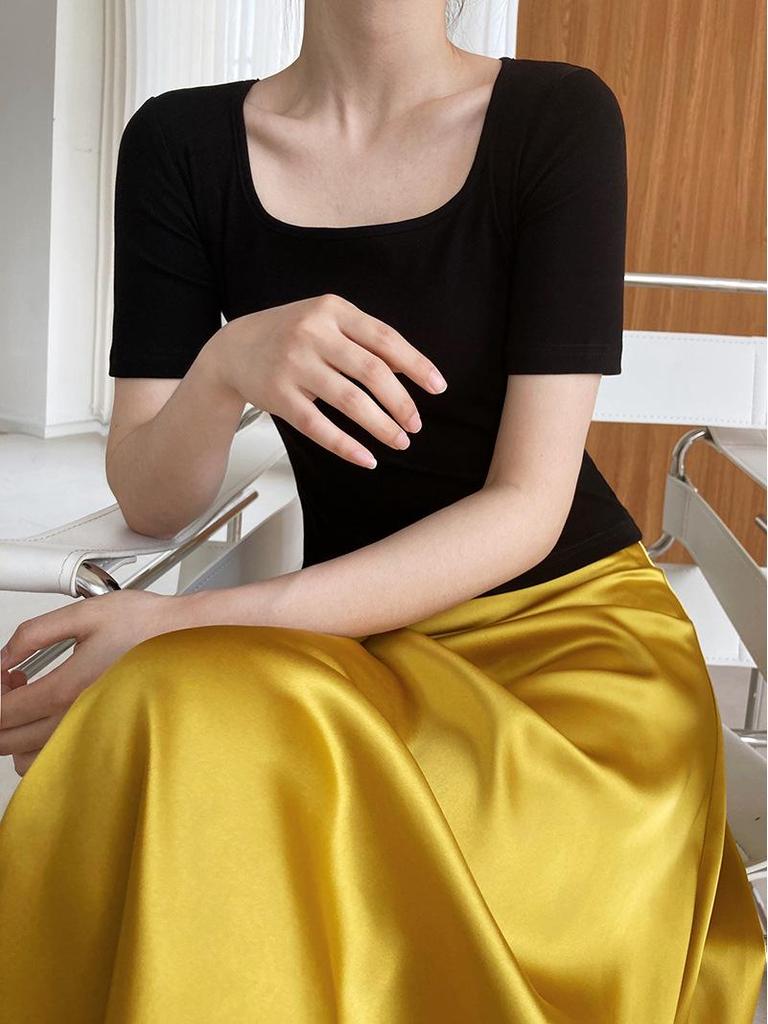 LUXI 2024 Summer Women's Short Sleeve Square Neck Slim Fit T-shirt - Solid Color, High Waist, Exposed Collarbone Style