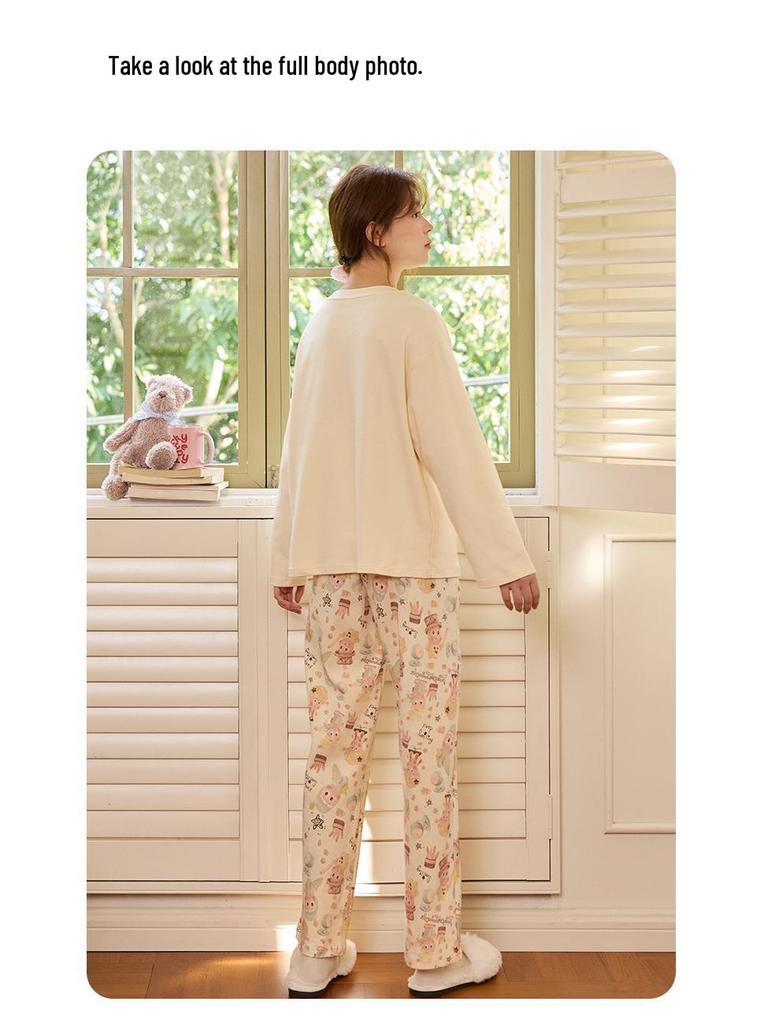 Women's Cartoon Pajama Set with Chest Pads - Long Sleeve & Pants for Spring & Autumn, Wear Indoors or Out