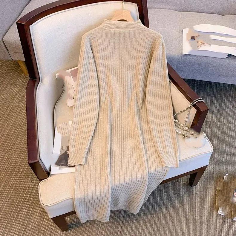 Autumn and Winter Women's Lengthened Hollow V-neck Solid Color Sweater Skirt Dress