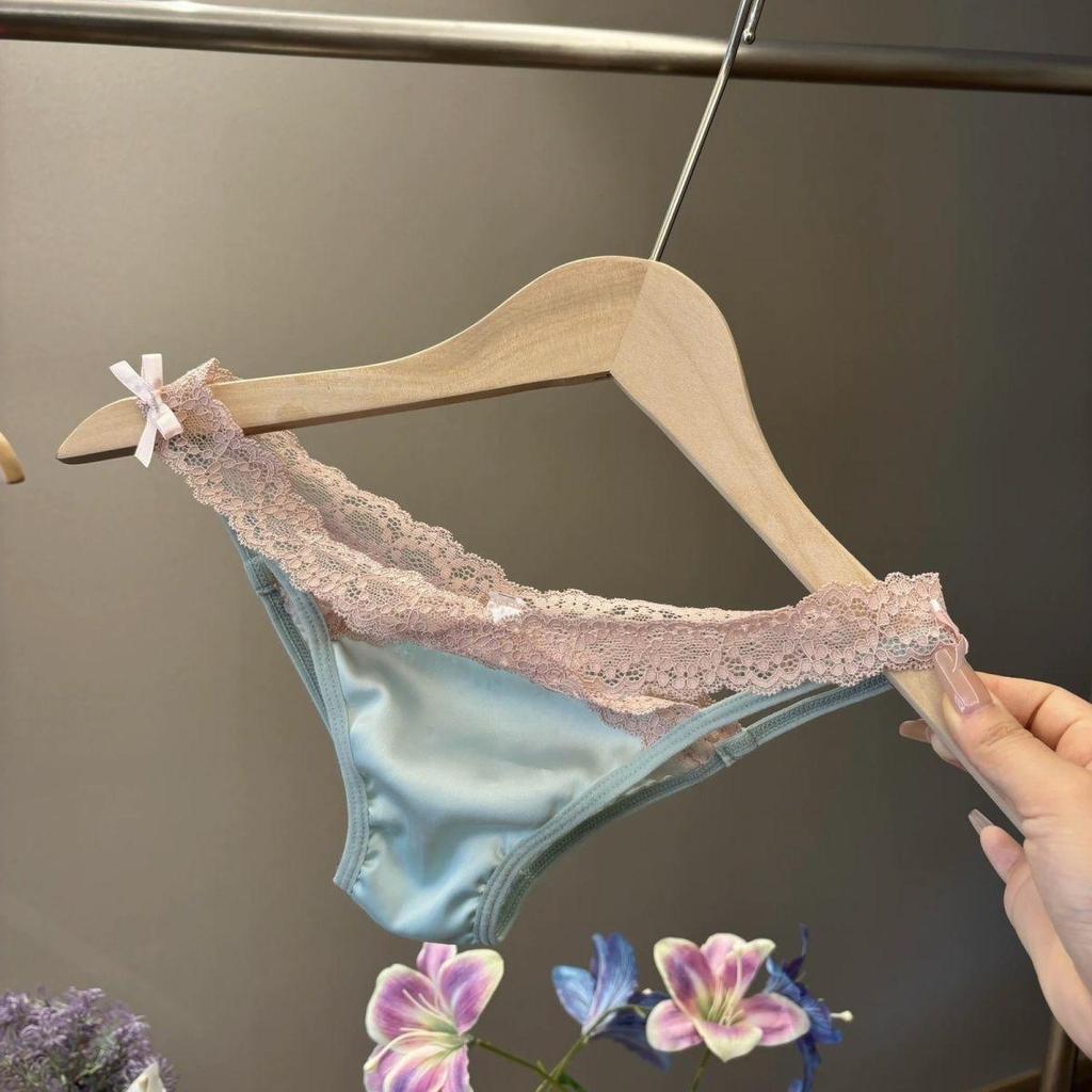 French Summer Dopamine Low-Rise Lace Satin Thong with Bow for Women