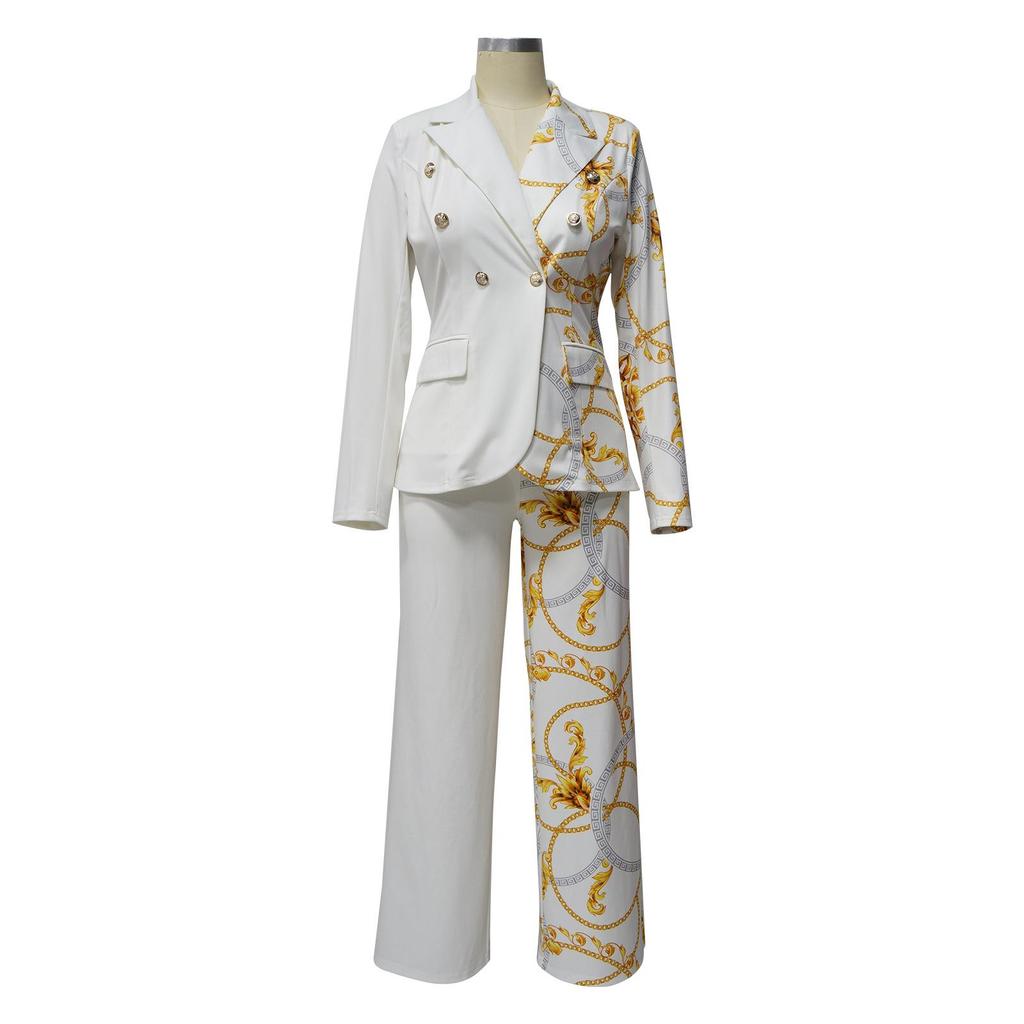 K10602 Women's Fashion Notched Collar Long Sleeve Printed Suit Two-Piece Set
