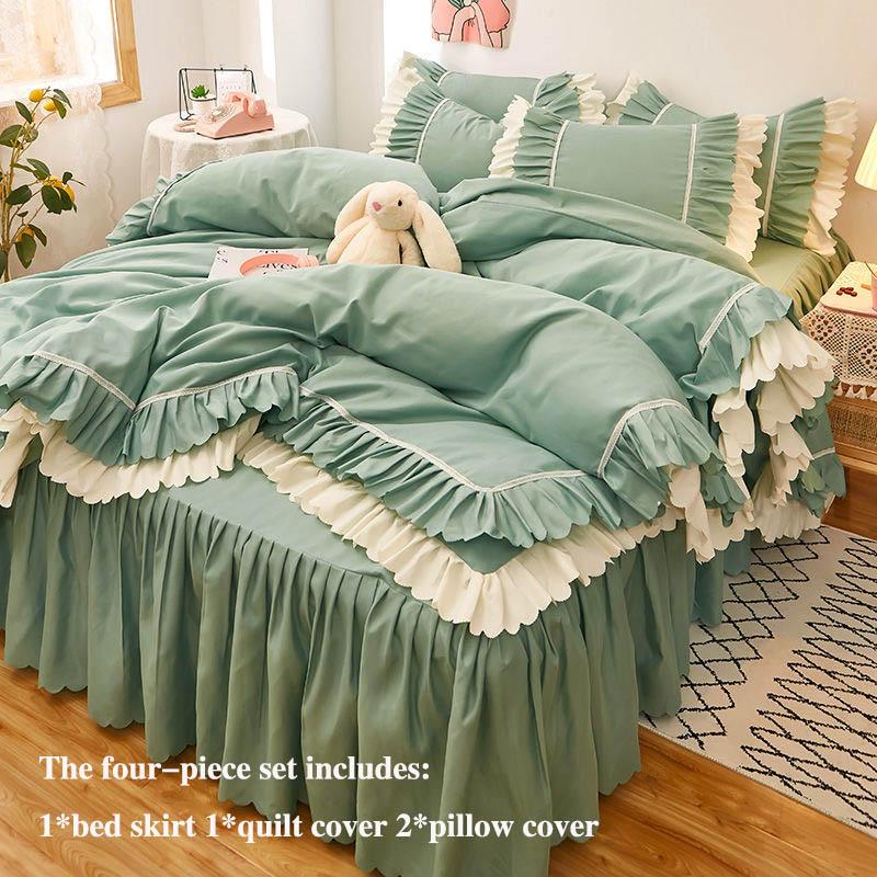 Saia de cama de quatro peças grossa escovada estilo coreano saia de cama e capa de edredão de três peças estilo princesa