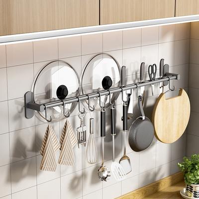 Estante de Ganchos para Cocina Montado en Pared Sin Taladro Gris Barra Única 70cm 12 Ganchos Utensilios Tapa de Olla