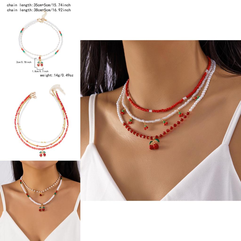 Romantic Heart Pearl Choker Necklace With Cherry And Strawberry Charms For Girls