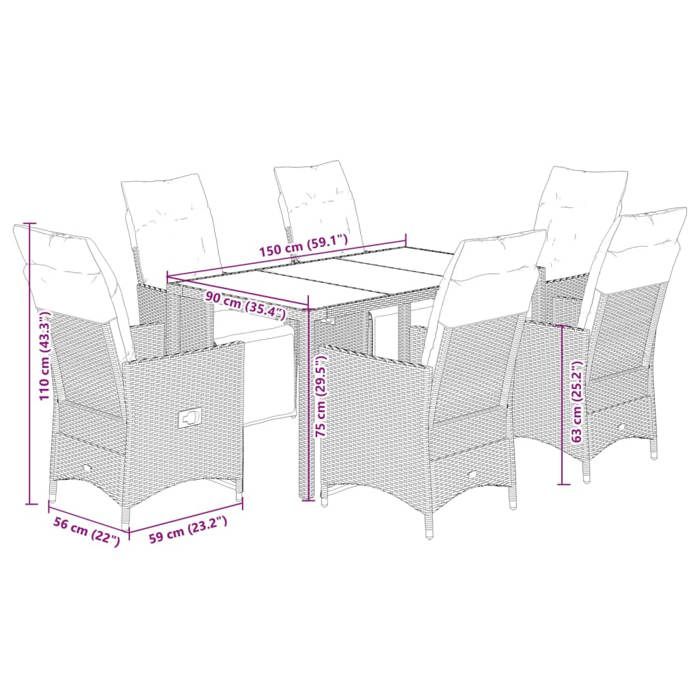 VidaXL Ensemble à manger de jardin coussins 7pcs Noir Résine tressée, ensemble de salle à manger d'extérieur, meuble de 3276866