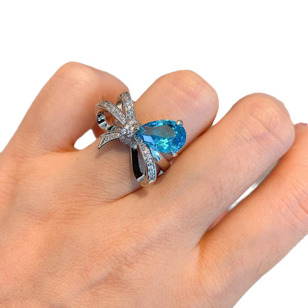 Diamond-set Pear-shaped Sea Blue Diamond Ring, Colorful Treasure Ring, Red Treasure Simulation Ring.