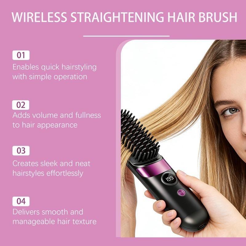 Wireless Hair Straightening Brush, 30s Fast Heat Ionic Ceramic Straightener Comb, Portable Cordless Quick Styling Tool for Travel & Daily Touch-Ups