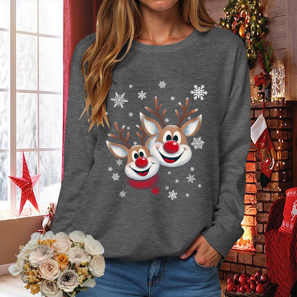 Sweat-shirt pull-over à manches longues décontracté à la mode pour femmes, coupe ample, imprimé de Noël, col rond
