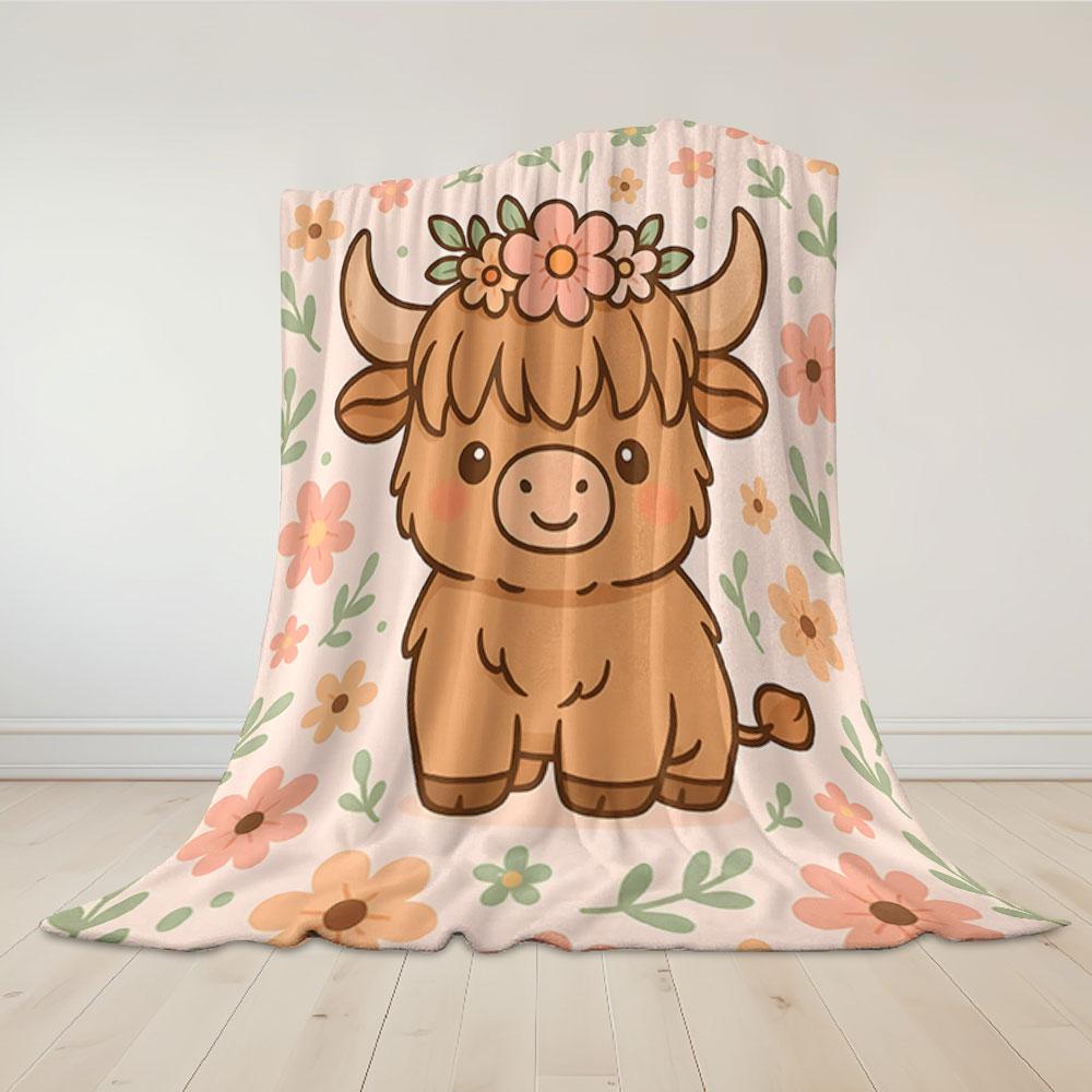 Floral Highland Cow Flannel Blanket Warm Soft Halloween Christmas Couch Warm Cozy Decorative Decor Gift for All Season