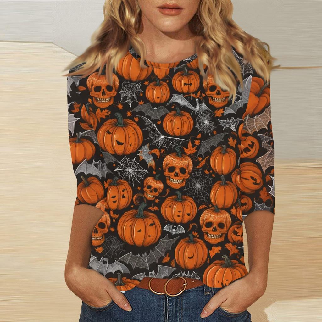 Women's Fashion Casual Three-quarter Sleeve Halloween Printed Round Neck Top