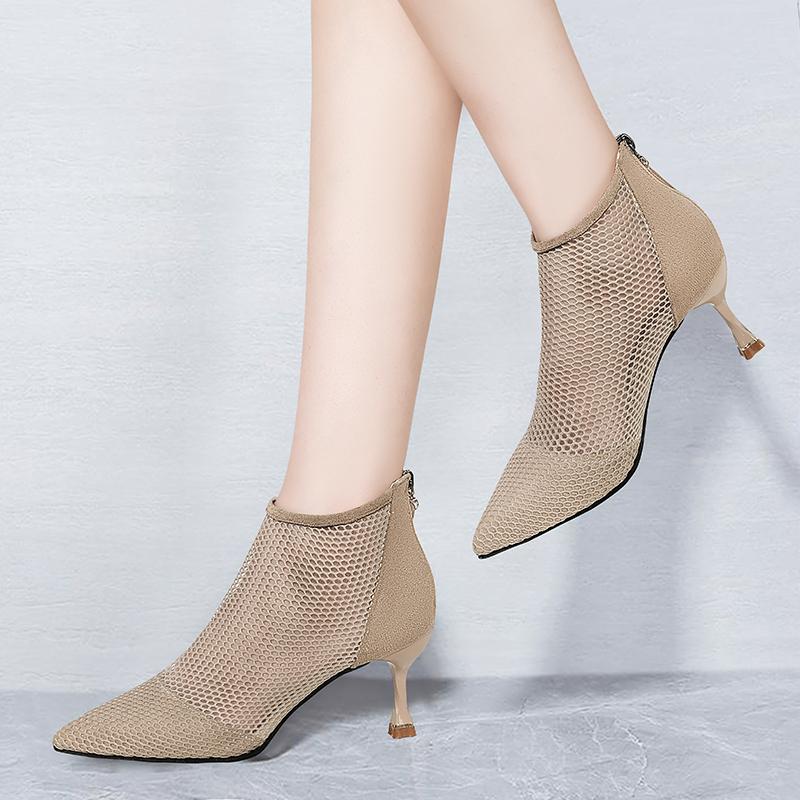Fashion Cool Boots Women 2024 Thin Heel Pointed Toe Wrapped Mesh Temperament Sexy Back Zipper Comfortable High Heel Shoes Women's