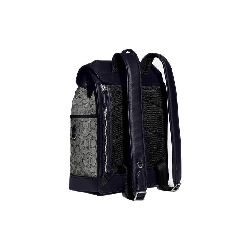 COACH League 27 classic old flower embossed logo flip closure large capacity fabric with cow leather backpack backpack large size men's blue and gray