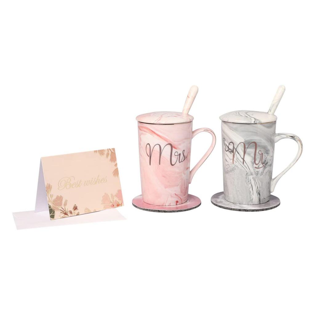Coffee Mug, Marriage Gifts for Wedding, Couple Gift, Christmas Gifts, Mr & Mrs Set of 2 Coffee Mugs, Lids, Ceramic Spoons, Coasters