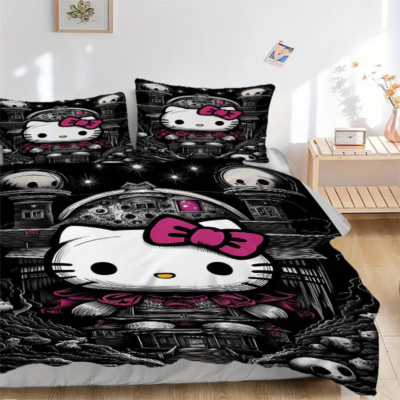 

3pcs Spooky Night Adventure Hello Kitty in a Haunted House Printed Duvet Cover Set (1 * Cover+2 * Pillowcase, Without Core), Suitable for Home Be 135x200cm