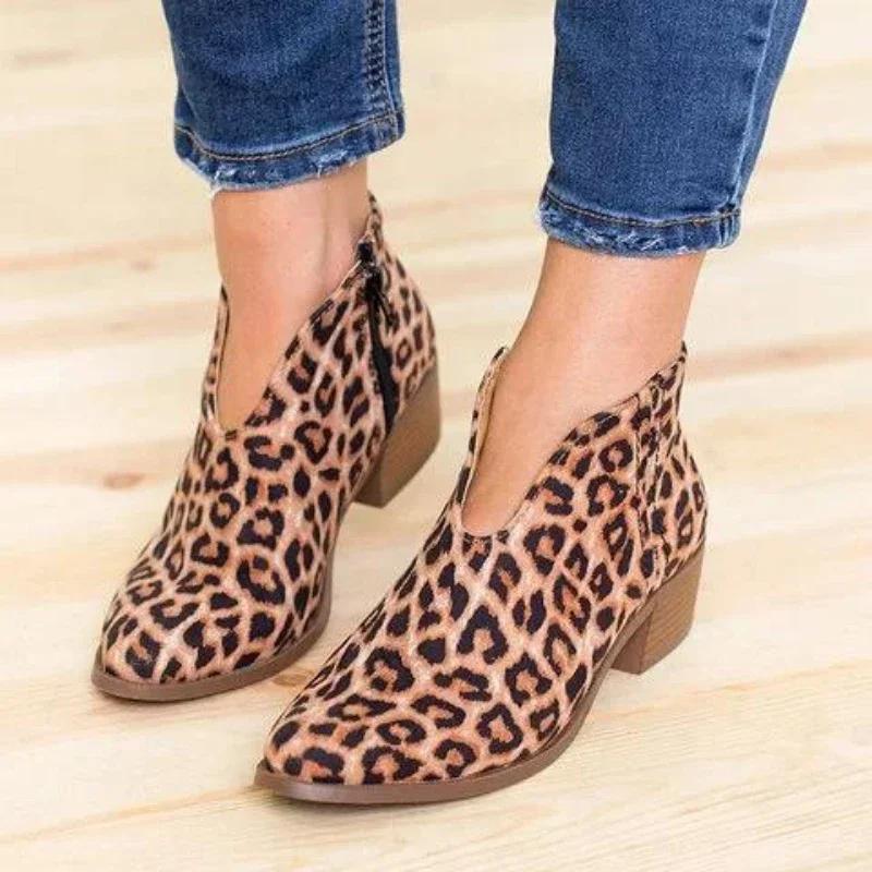 New High Heel Pointy Thick Heel Boots Party Leopard Print  Shoe Ladies Outdoor Comfortable Casual Women's Boots