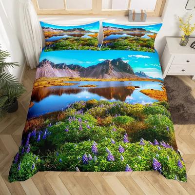 Housse de couette Paysage Naturel Housse de couette Coucher de soleil Ensemble de literie Paysage Lac Polyester Housse de couvre-lit Fleurs de Printemps Taille King