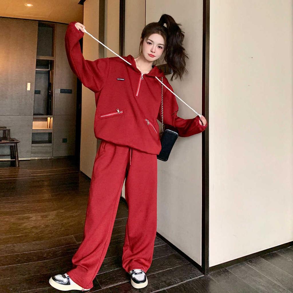 Women's Red Casual Sports Sweater & Wide-Leg Pants Set, 2024 Korean Style, Age-Reducing, Perfect for Spring/Autumn.