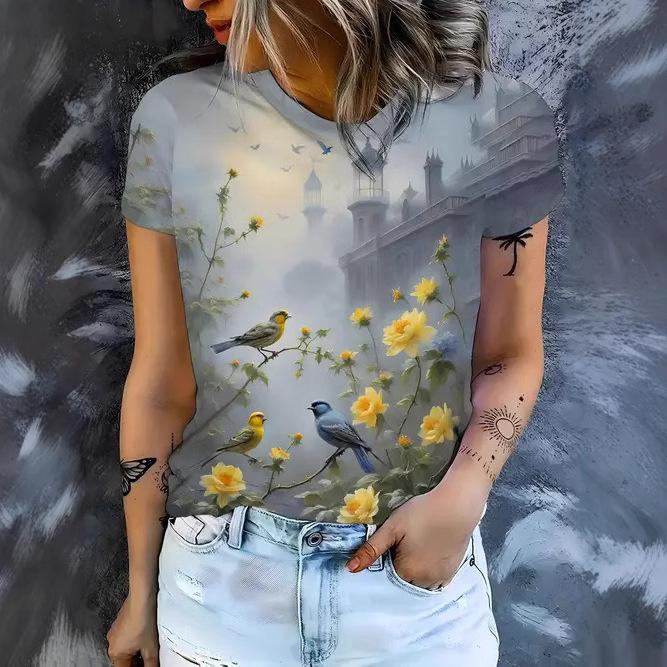 

Summer Casual Style Round Neck Pullover Short Sleeved Top with 3D Floral Pattern Printed Women s T-shirts XS