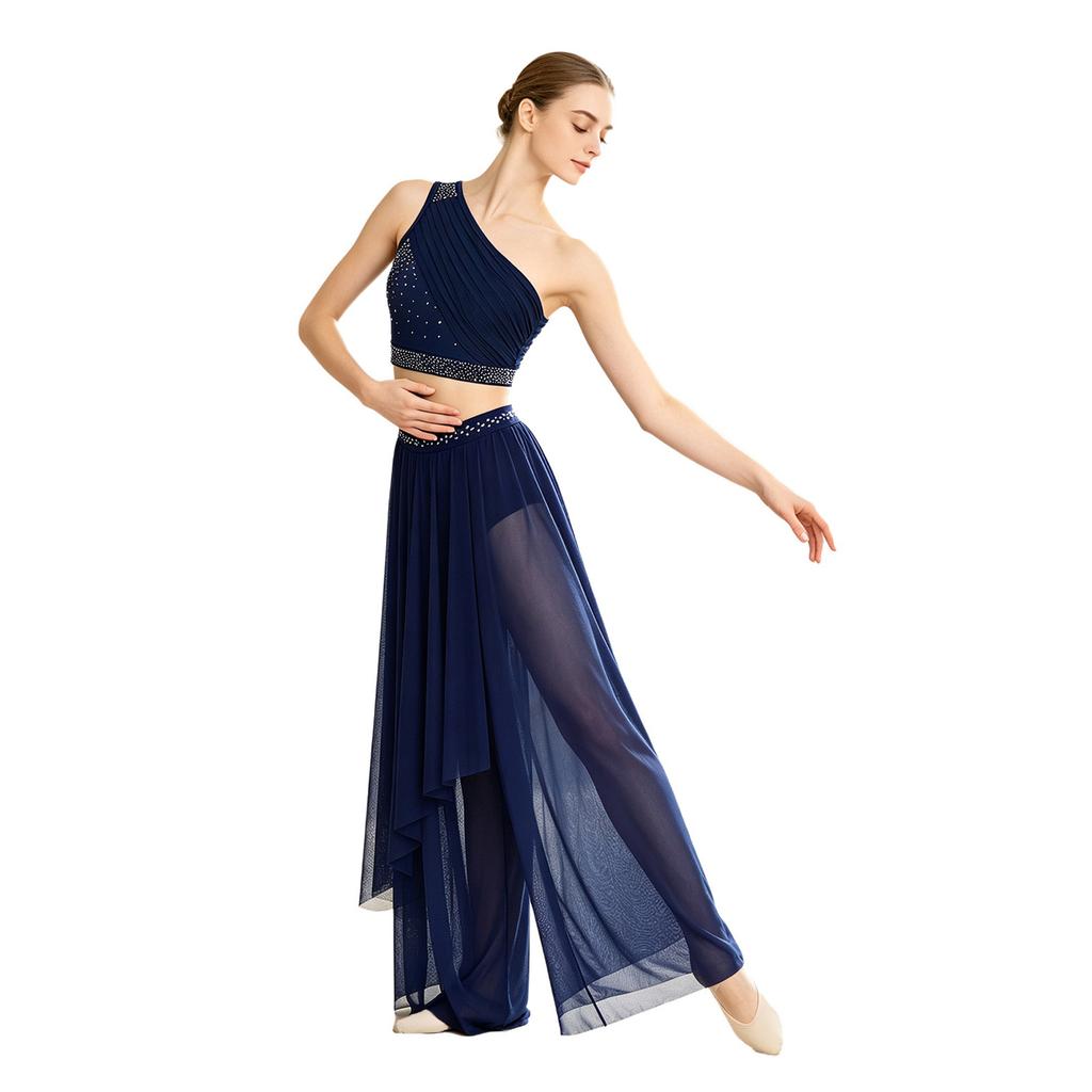 Abbigliamento da Danza da Donna Crop Top Asimmetrico con Strato Superiore e Strass, Monospalla in Rete Arricciata, con Pantaloncini Integrati per Performance Lirica