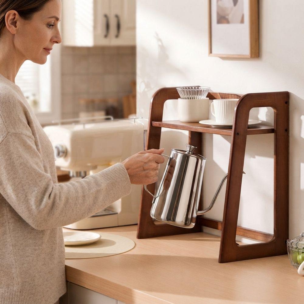 Modern Bamboo Double Layer Cup Holder Large Capacity Space Saving Tea Set Storage Rack Stable Kitchen Shelf for Kitchen