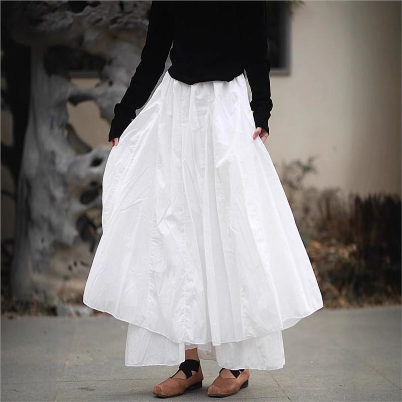 Johnature Women Soft Casual Skirts Patchwork Elastic Waist Solid Color Cloths Autumn Irregular Female Skirts