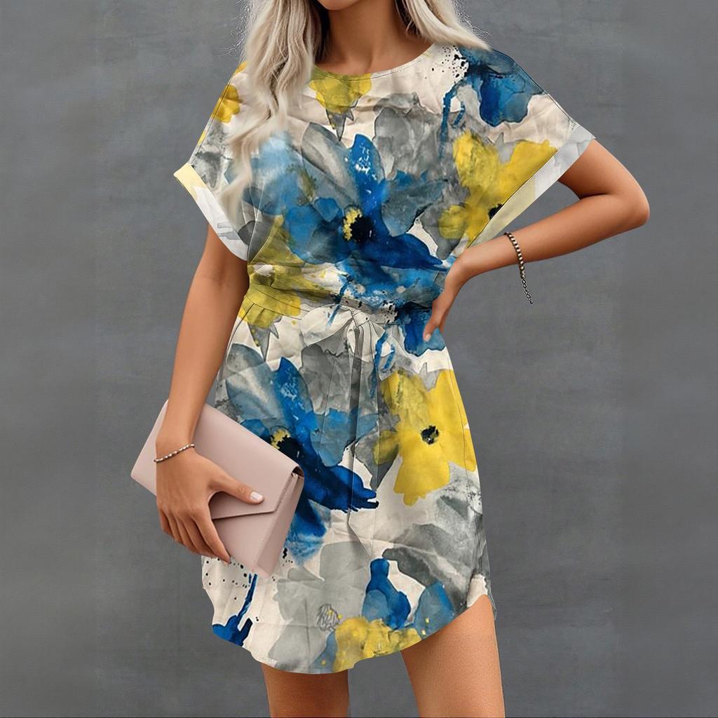 Womens Summer Short Dresses O Neck Casual Batwing-Short Sleeve Belted Dress For Women