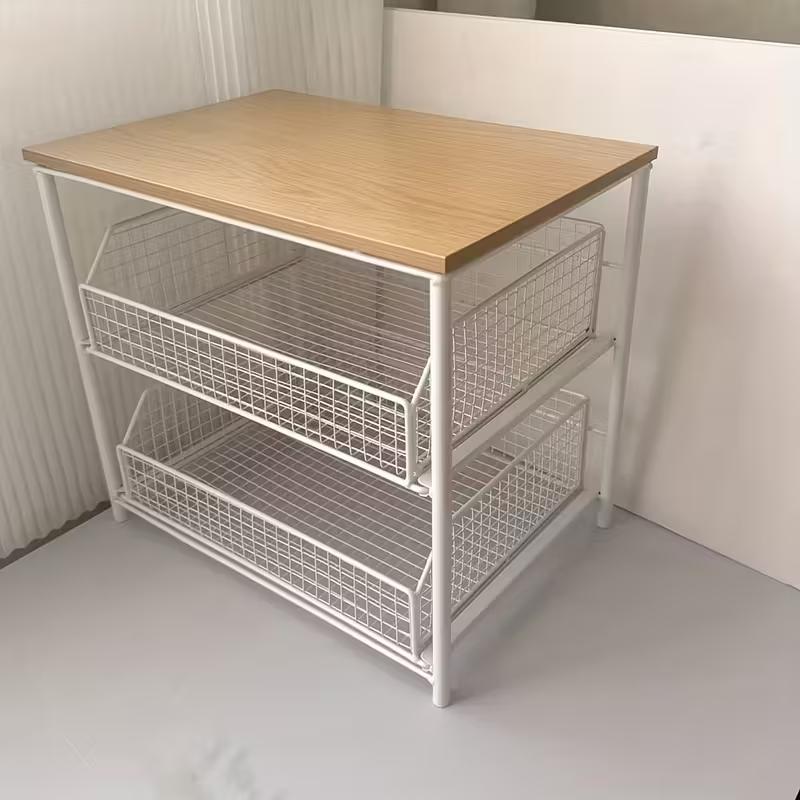 1pc Space-Saving Kitchen Countertop Organizer with Drawer and Metal Basket - Sturdy Solid Wood and Metal Multi-Layer Storage