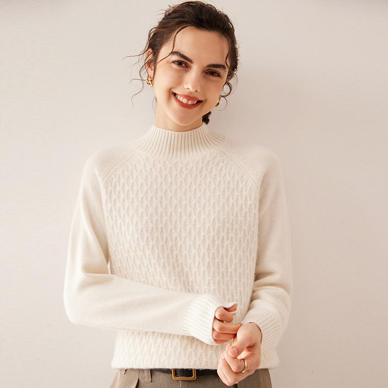 Women's Cashmere Cable Knit Sweater - Loose Fit, Double-Strand, Half-High Collar, Solid Color, Short Style, Perfect for Autumn and Winter